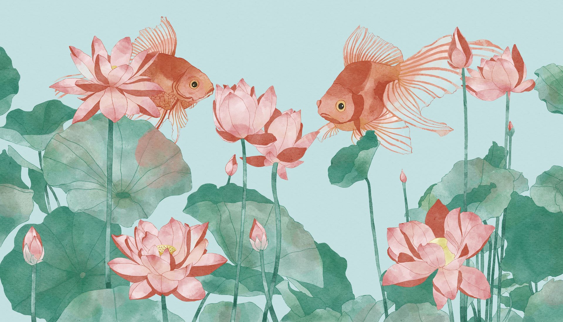 Yugen - Pesci Rossi e Loto è una carta da parati realizzata da Claudia Mistero in collaborazione con Manarti